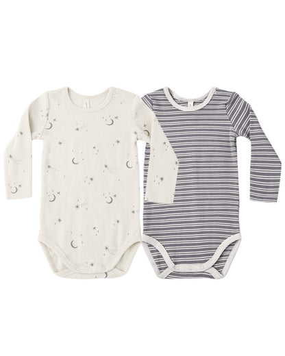 QUINCY MAE RIBBED BODYSUIT, 2 PACK SLATE MICROSTRIPE, CELESTIAL