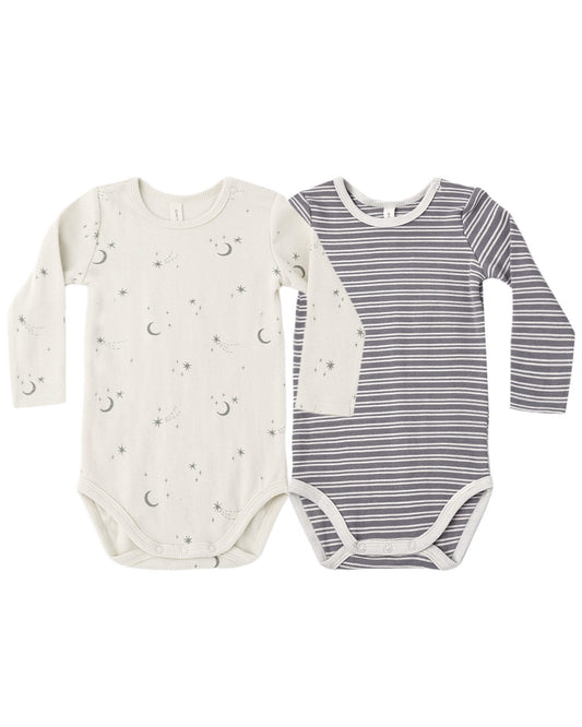 QUINCY MAE RIBBED BODYSUIT, 2 PACK SLATE MICROSTRIPE, CELESTIAL