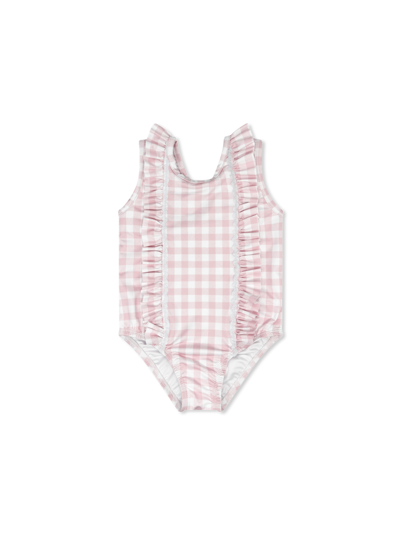 MOLLY SWIMSUIT- PLAYFUL PINK BUFFALO CHECK WITH WHITE RIC RAC - Persnickety Shop