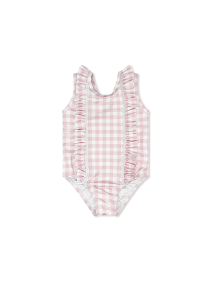 MOLLY SWIMSUIT- PLAYFUL PINK BUFFALO CHECK WITH WHITE RIC RAC - Persnickety Shop
