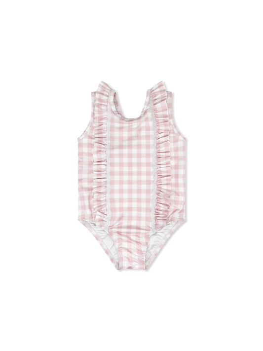 MOLLY SWIMSUIT- PLAYFUL PINK BUFFALO CHECK WITH WHITE RIC RAC - Persnickety Shop