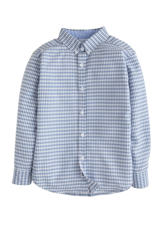 Little English Button Down Shirt - Gray Blue Gingham