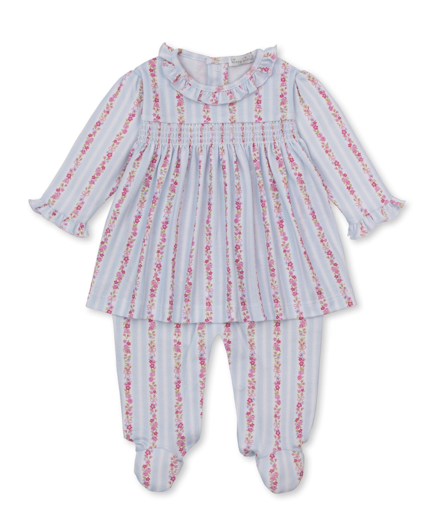Kissy Kissy Light Blue Rose Renaissance Smocked Footie Dress - Persnickety Shop