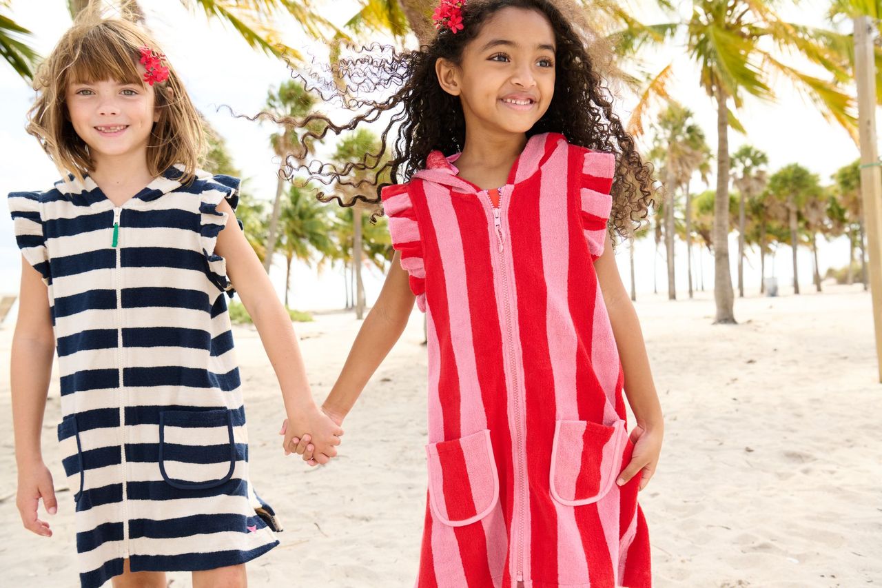 Pink Chicken girl's terry coverup - wide blue stripe - Persnickety Shop