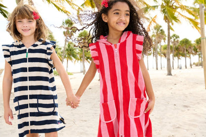 Pink Chicken girl's terry coverup - wide blue stripe - Persnickety Shop